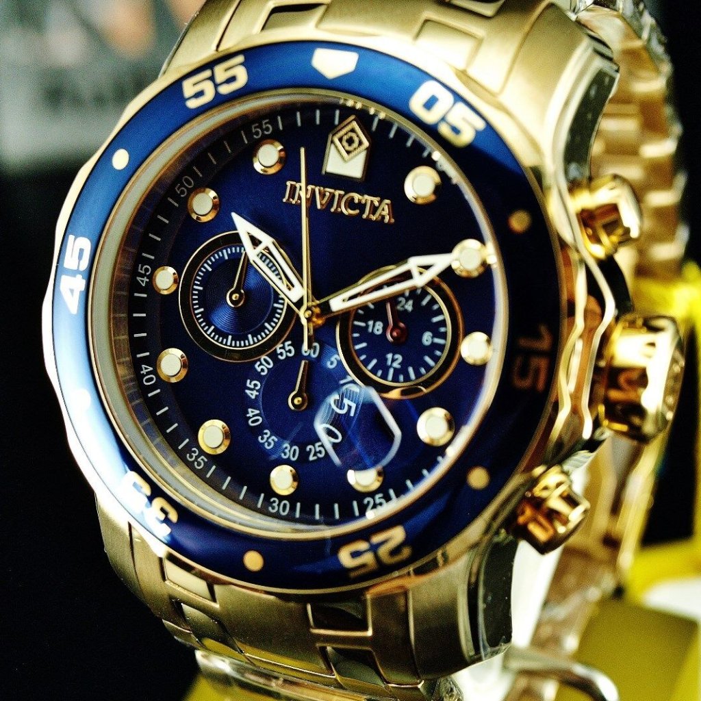Sale! Men's Pro Diver Gold Steel 18k Gold Plated Ocean Blue Dial Watch